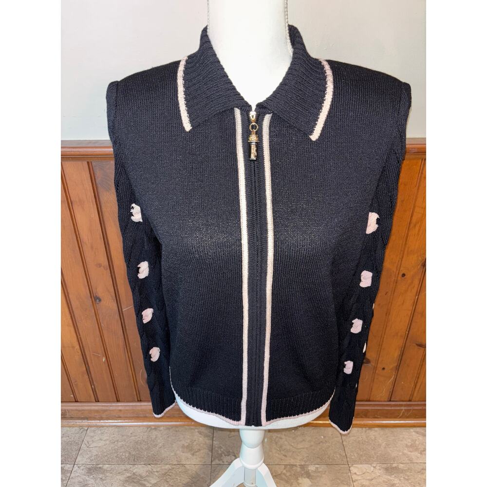 Womens St. John Black Full Zip‎ Sweater Blazer Pink Trim Gold Zipper Size 6